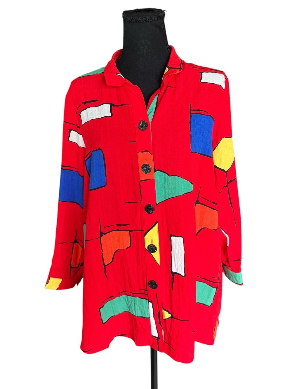Ali Miles Abstract Geometric Tunic Blouse Red Button Front Artsy Top Medium W54
